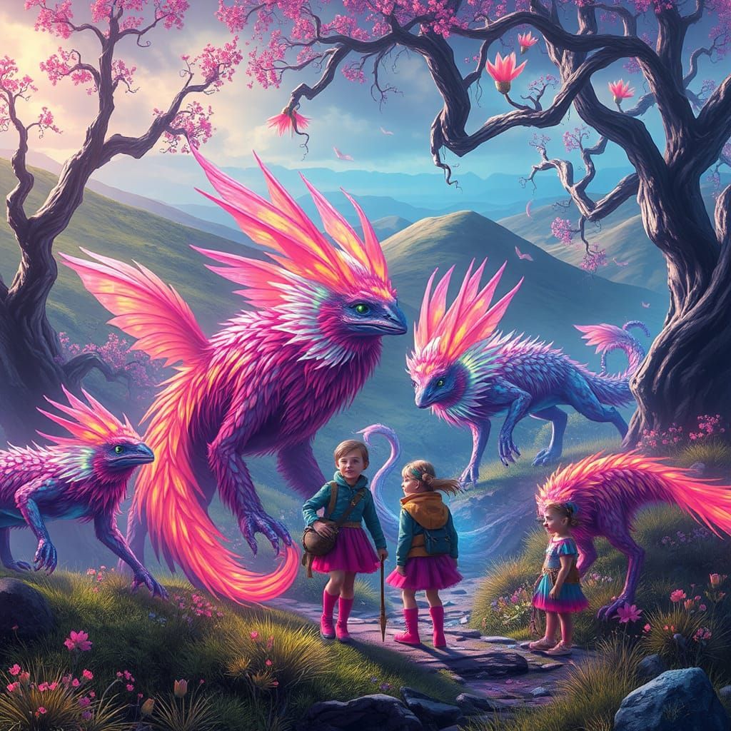 Iridescent Creatures and Children in Mystical Realm