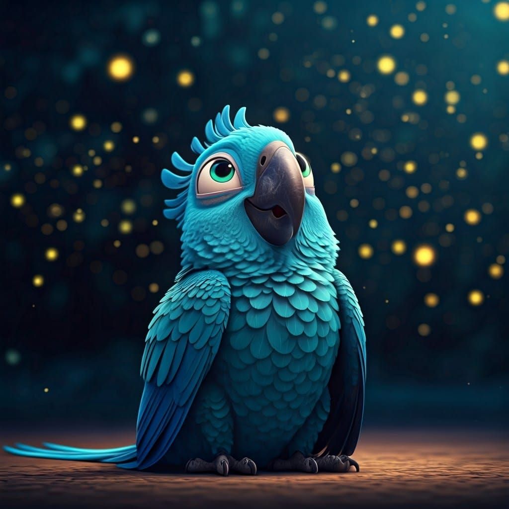 Cheerful Blue Parrot in Enchanted Night, Digital Art