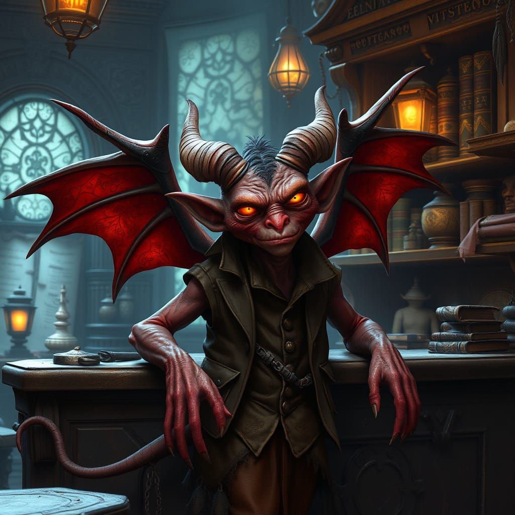 Mischievous Imp Behind the Counter in a Fantastical Shop