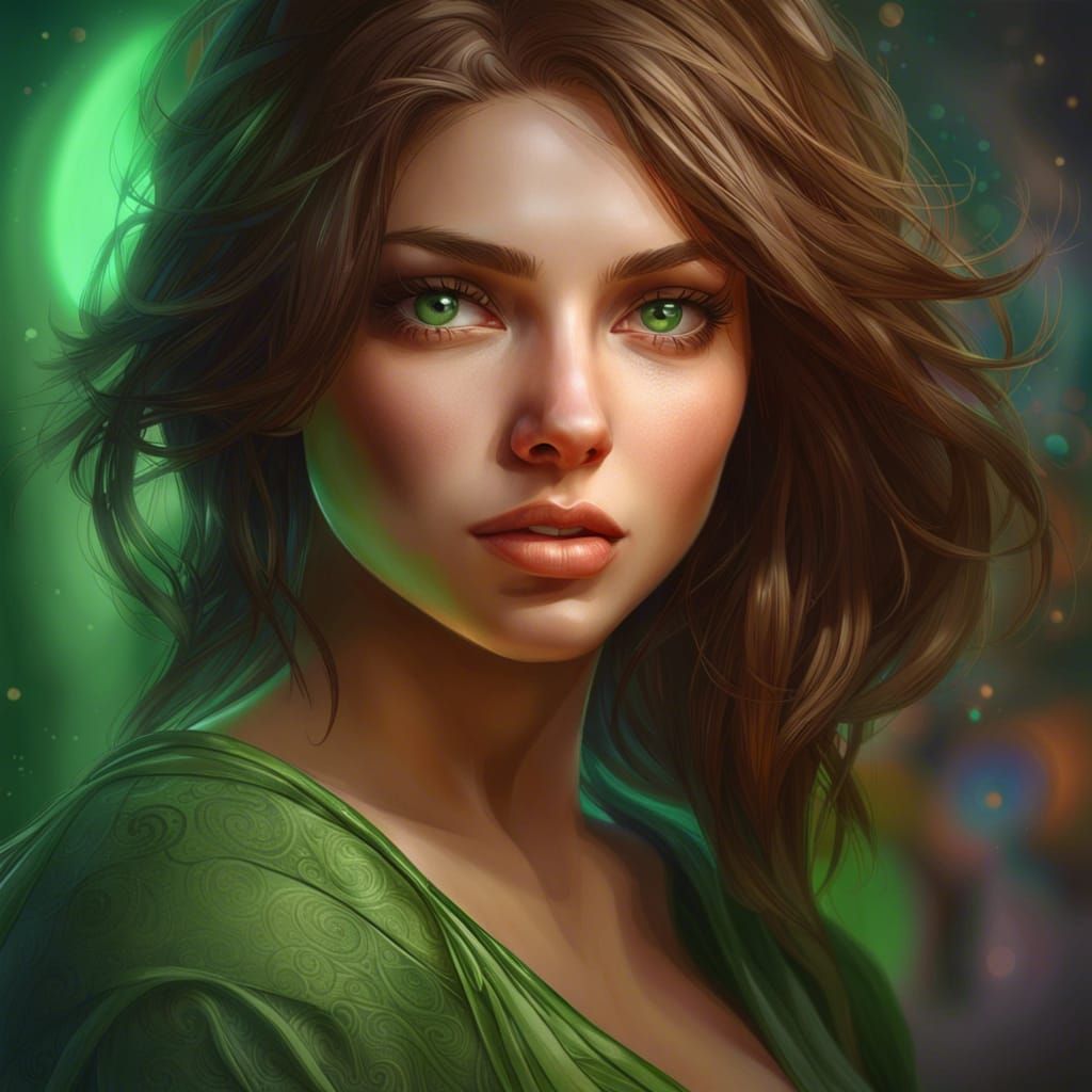 Stunning Portrait of Girl with Green Eyes, Detailed Art