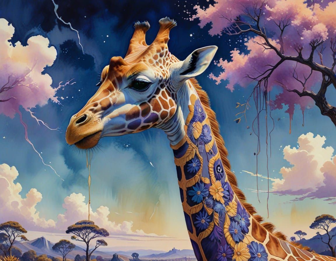 Bioluminescent Giraffe in a Surreal Art Nouveau Landscape