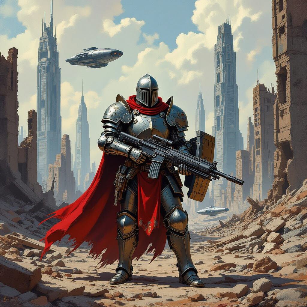 Armored knight stands amidst the ruins of an alien city