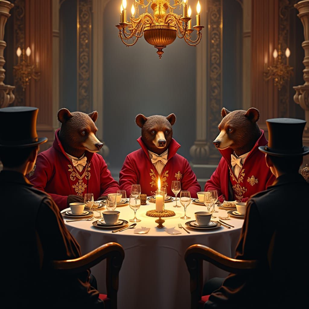 Anthropomorphic Bears' Candlelit Dinner in Gothic Setting