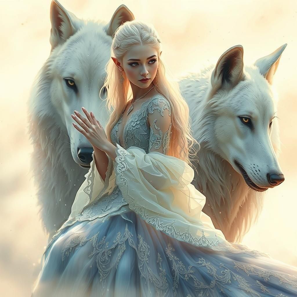 Ethereal Elf Queen on Timberwolf in Digital Watercolor