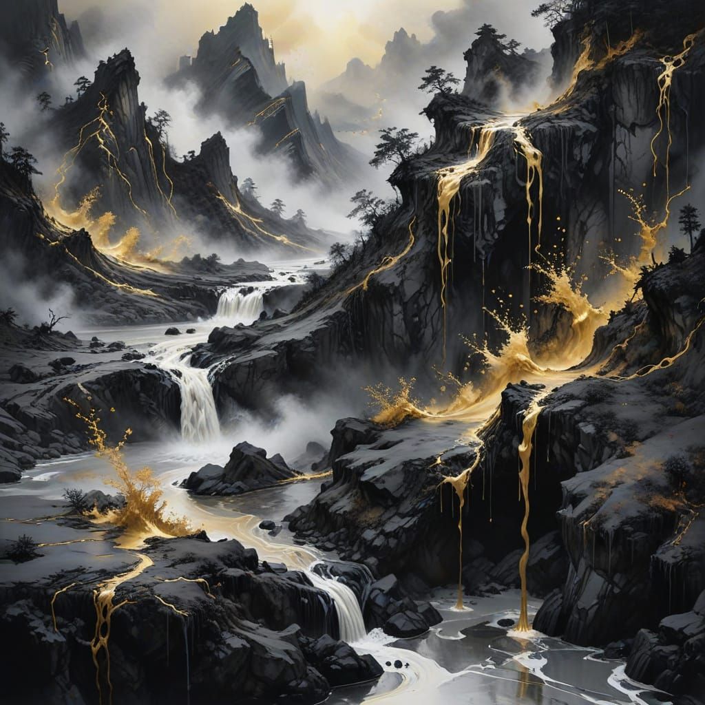 Surreal Ink World: Flowing Black Liquid and Charcoal Dust