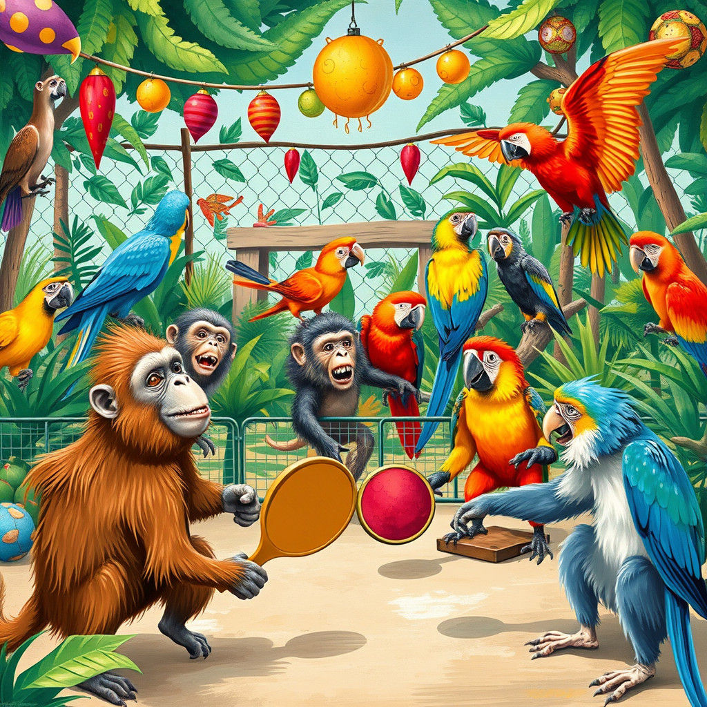 Monkeys and Parrots Play Pickleball: A Hockney-esque Zoo