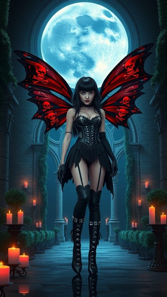 Gothic Fairy Before Ancient Cathedral in Moonlight