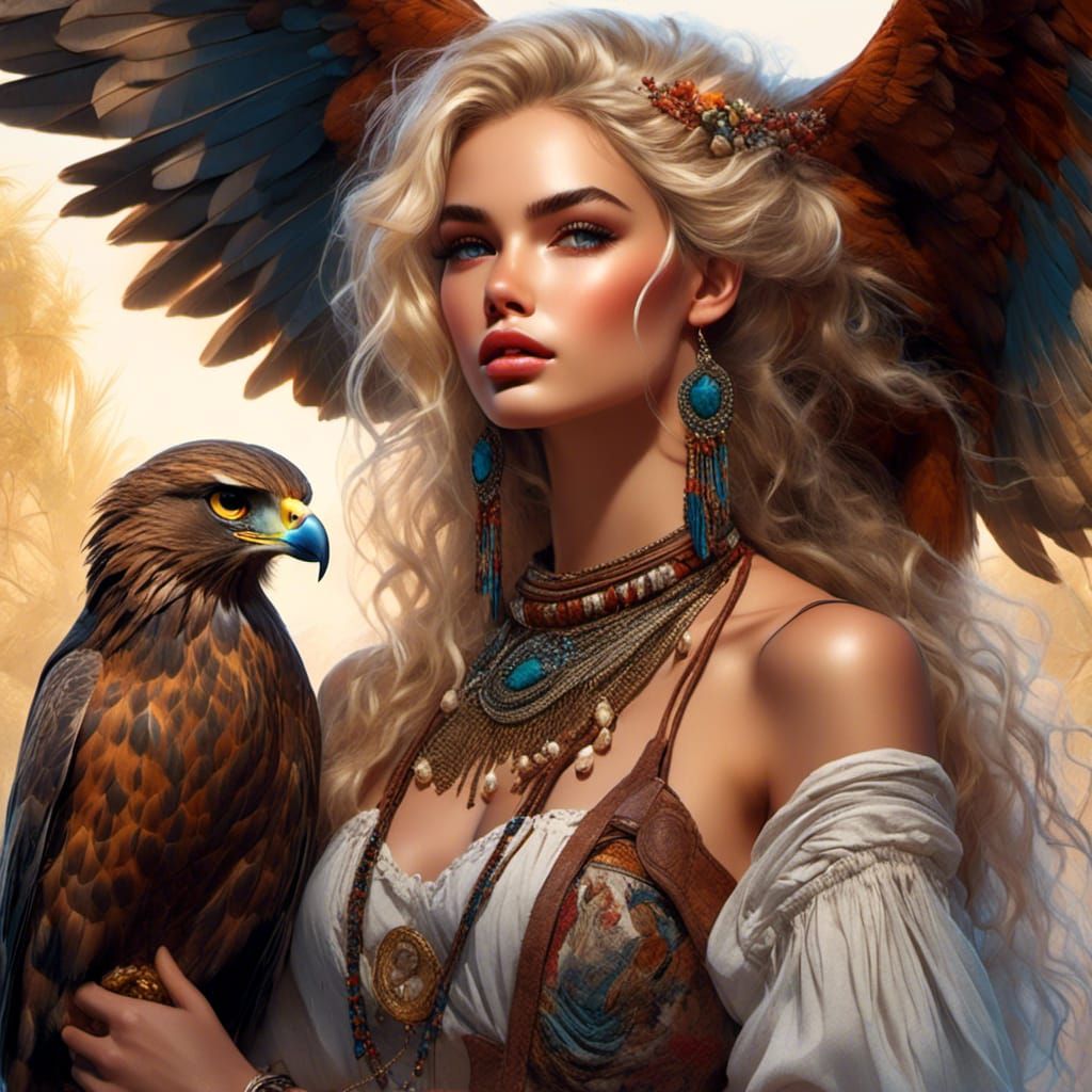 Alluring Woman with Hawk Illustration in Fantasy Style