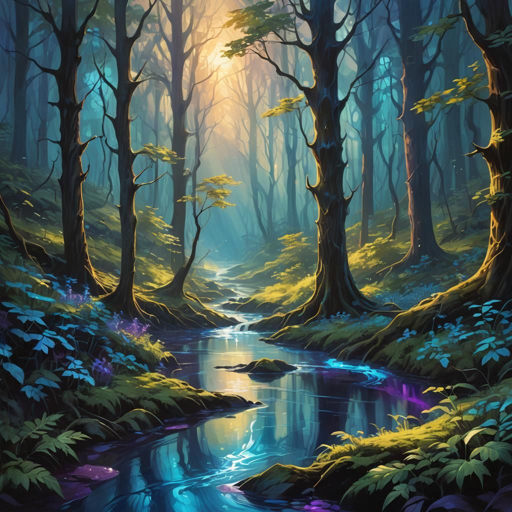 Mystical Blue Stream in Enchanted Forest