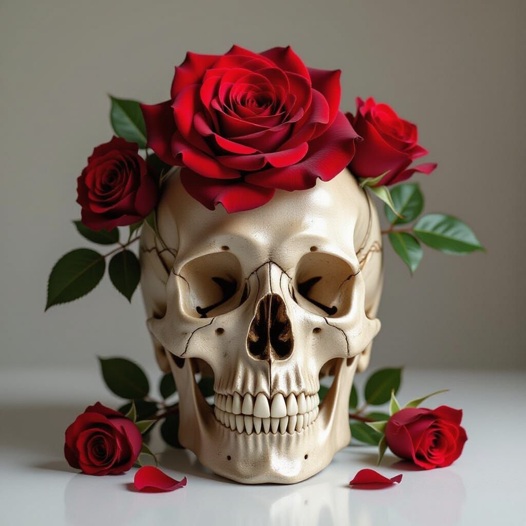 Anatomical Skull with Red Rose in Dark Romanticism Style
