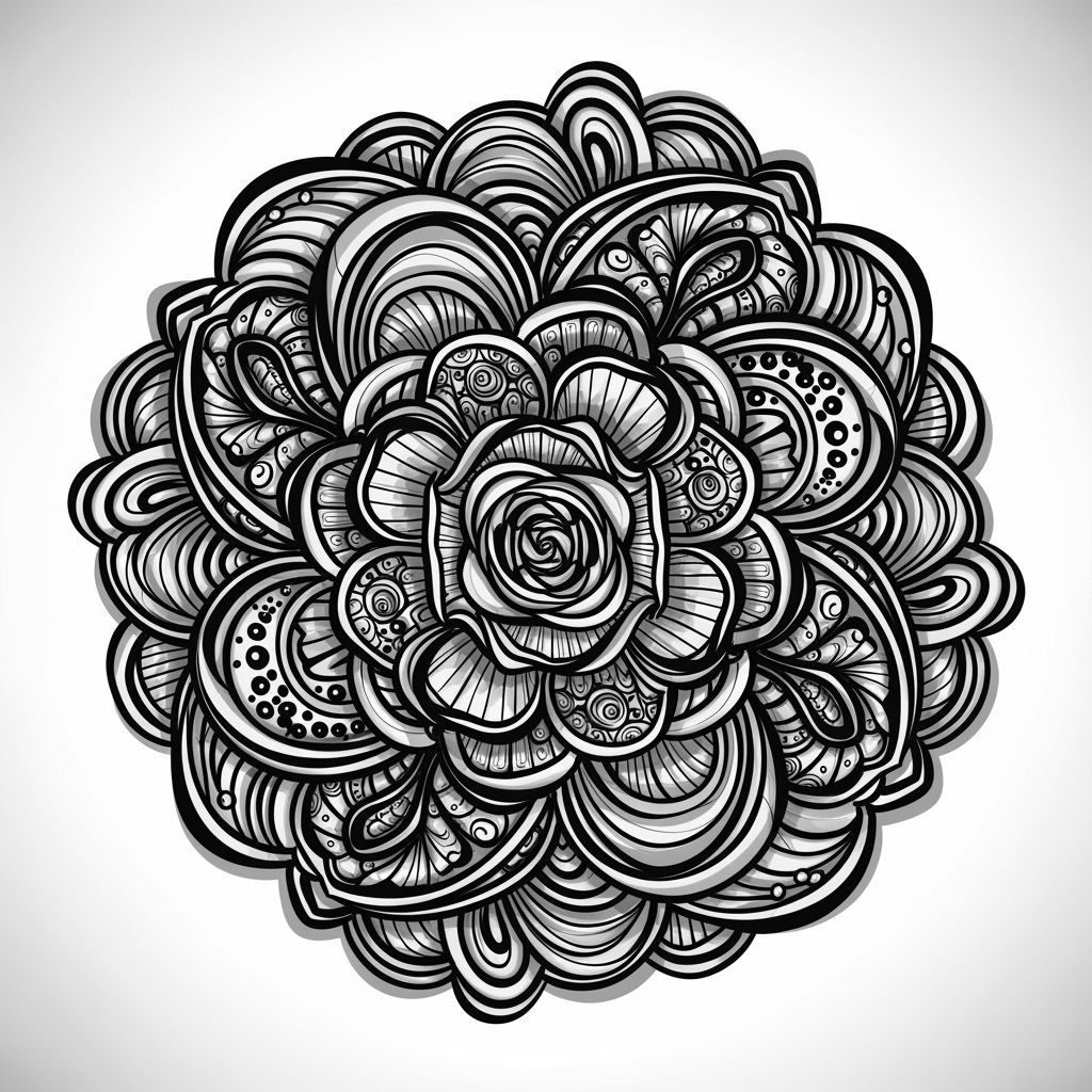 Intricate Rose Mandala in Zentangle Wave Style