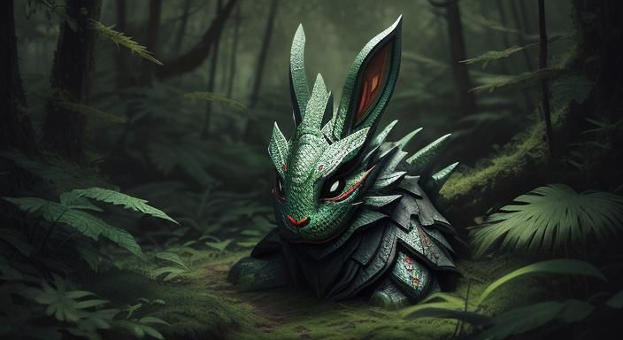 Dragon Masked Bunny in Detailed Forest Art