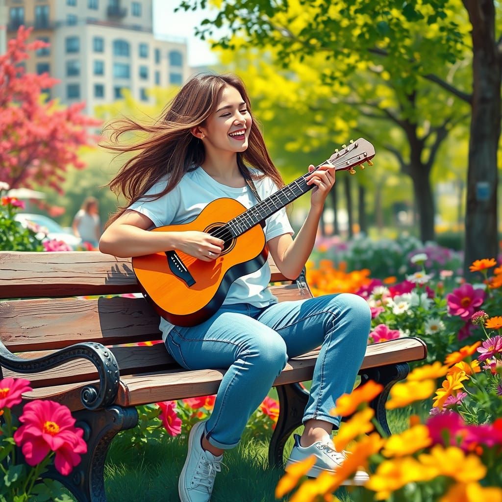 Young Woman Sings in Vibrant City Park