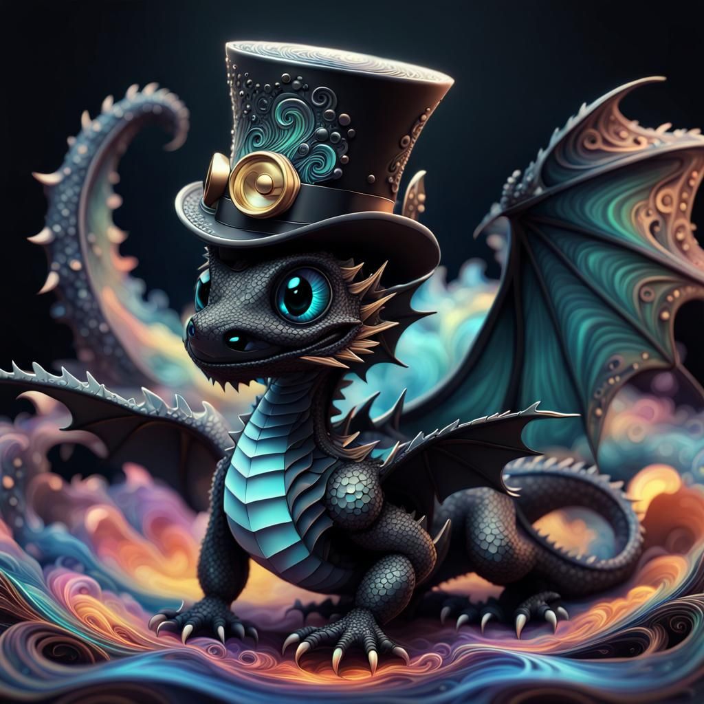 Cute Black Dragon with Top Hat in Anime Style