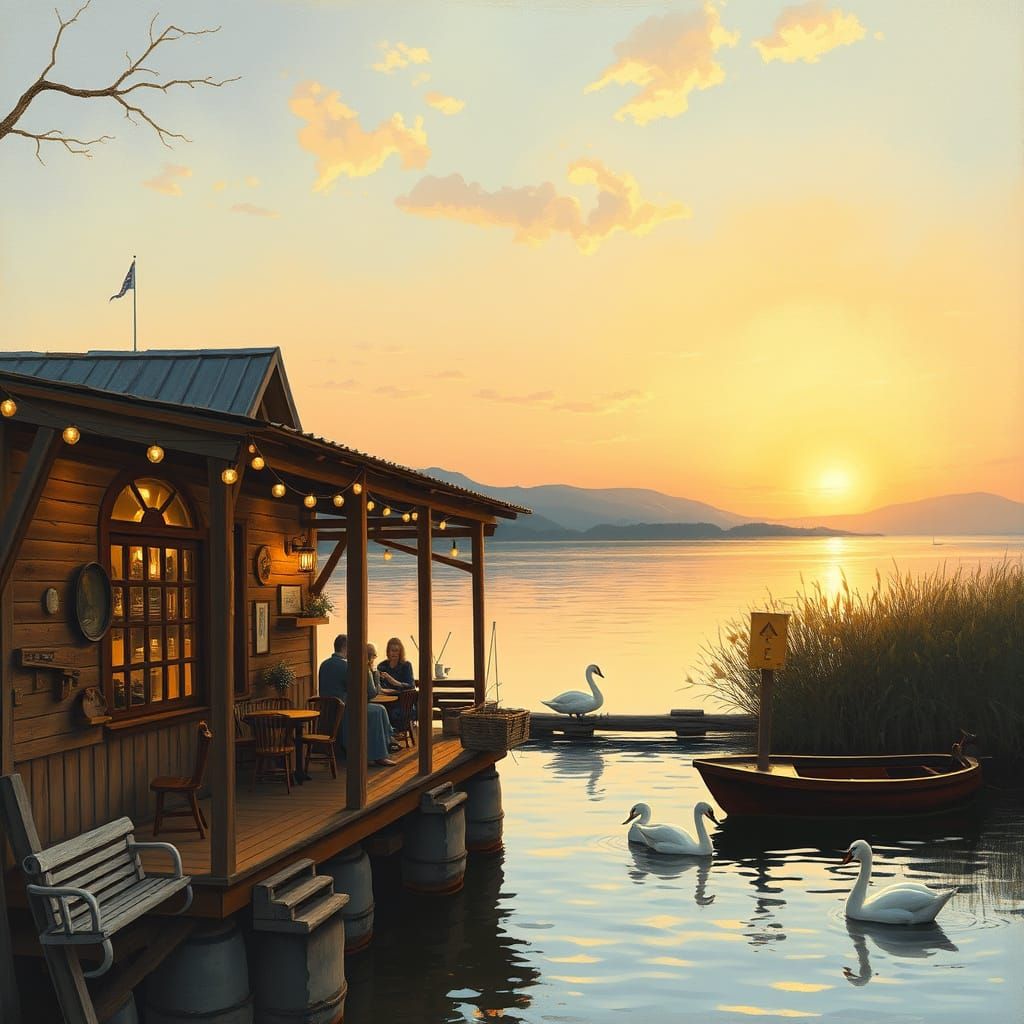 Coastal Café at Sunset with People and Waterfowl