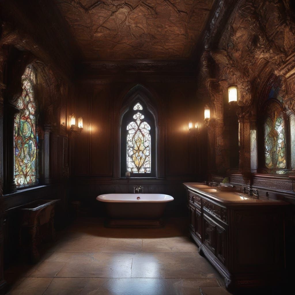 Gothic Bathroom with Ornate Fixtures and Stone Walls