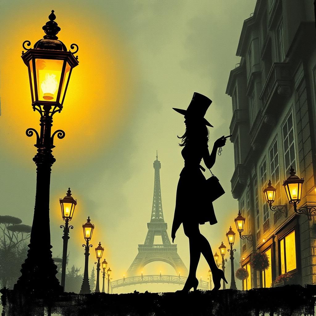 Steampunk Woman Silhouette in Modern Ink Painting