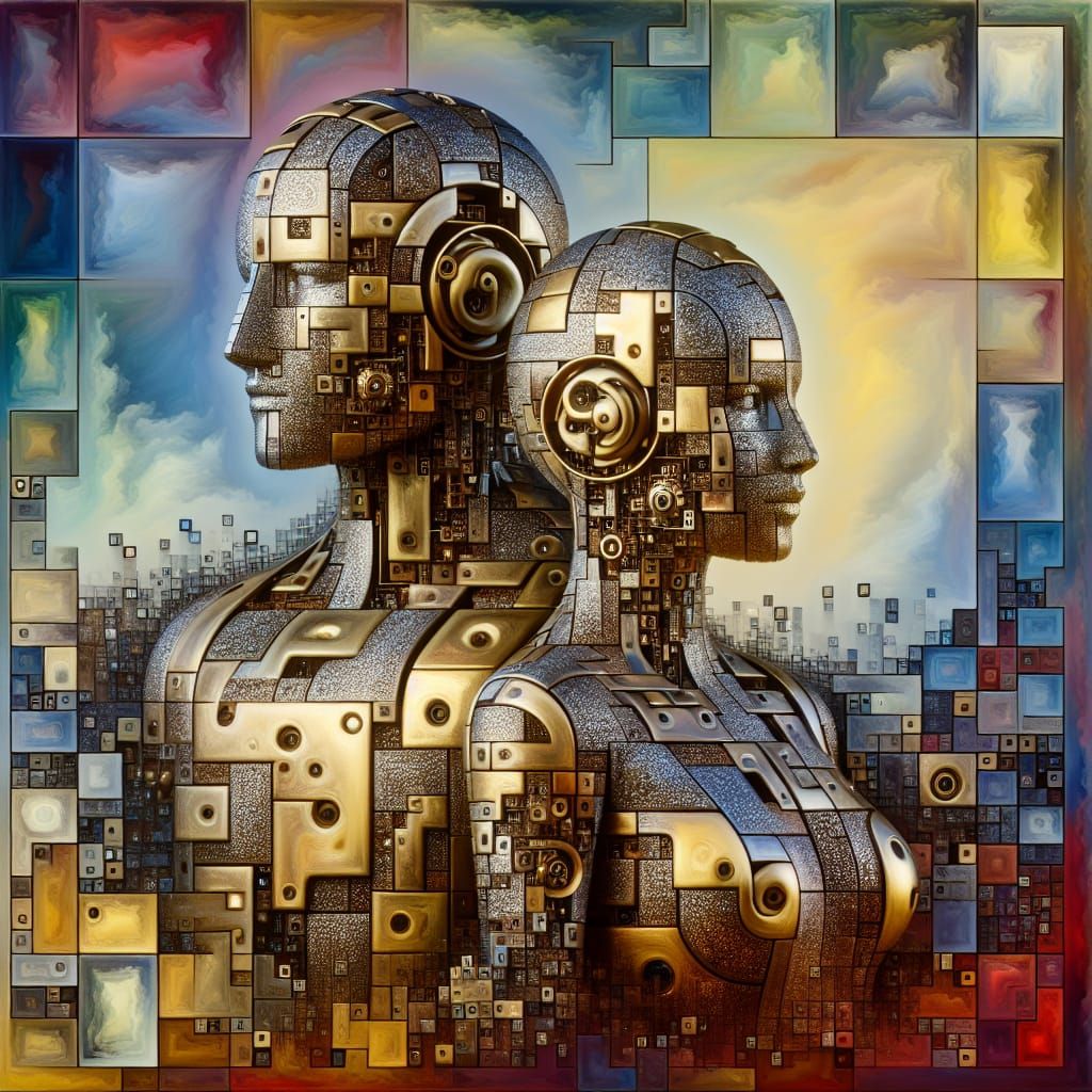 Abstract Robotic Beings in Brass and Fractal Patterns