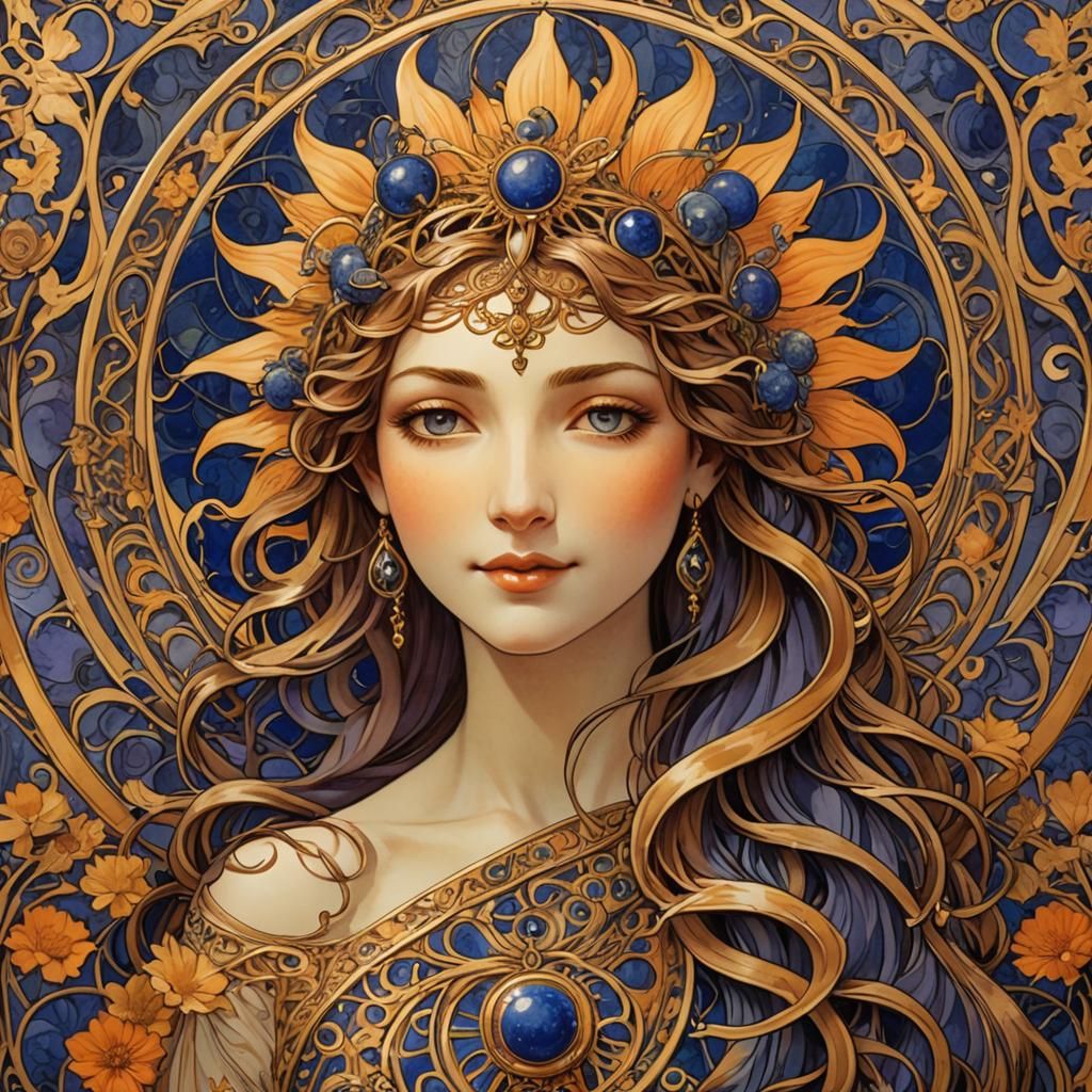 Art Nouveau Sun Poster with Gold and Lapis