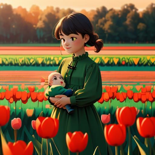 Woman and Child in Tulip Field: Impressionistic Style