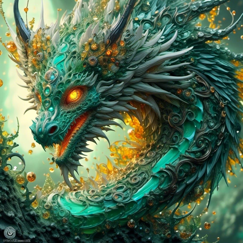 Dragon with Amber Eyes on Mossy Rocks