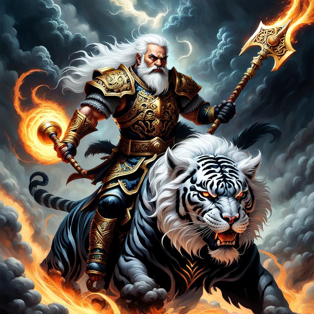 A large muscular DWARF riding his Ancient mythical Tiger