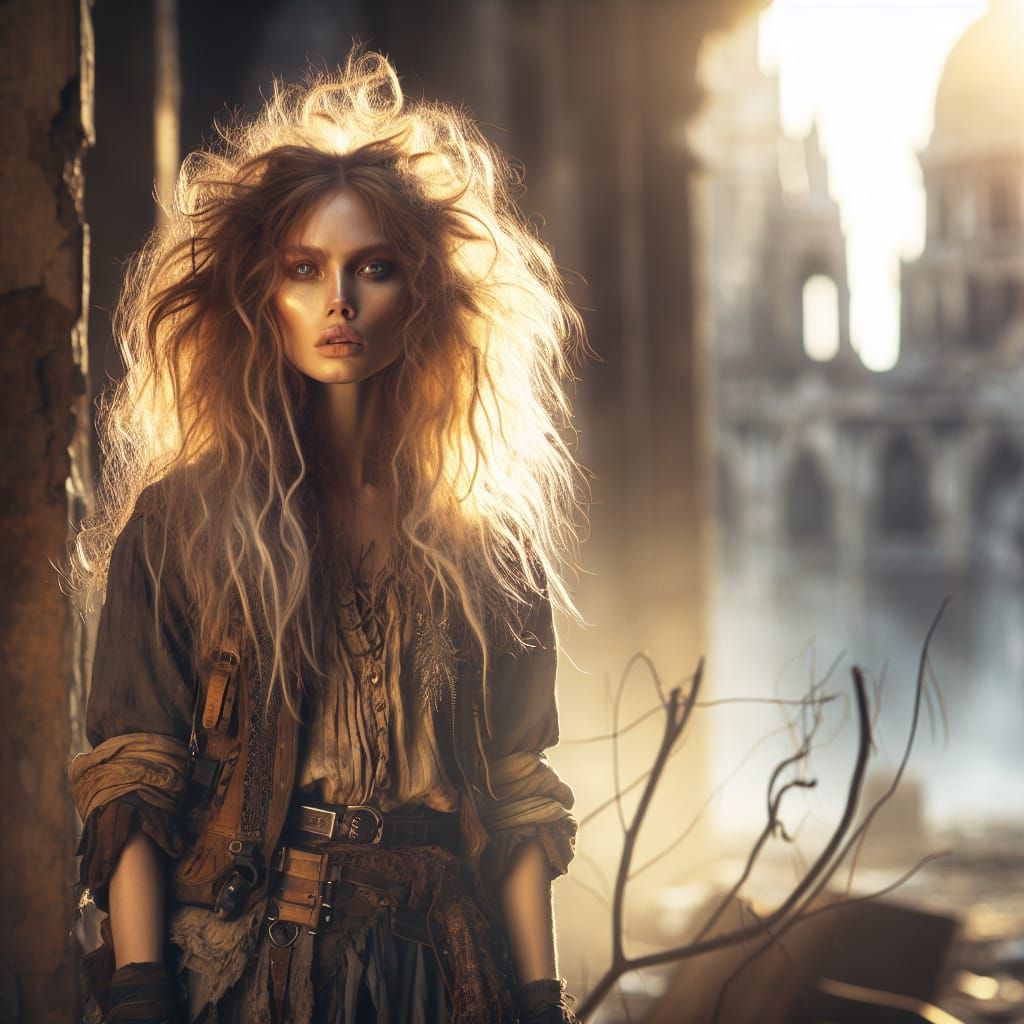 Wasteland Woman in Decaying City at Golden Hour