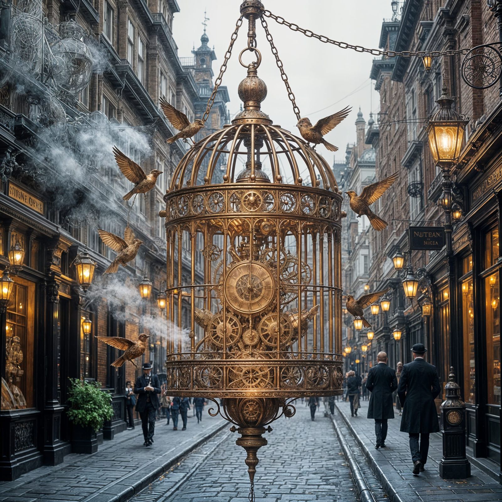 Steampunk Birdcage with Clockwork Birds Over Victorian Londo...