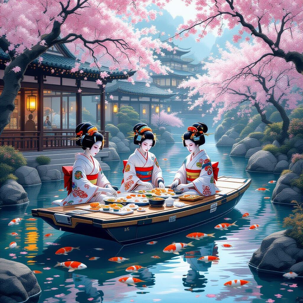 Futuristic Sushi Bar with Robotic Geishas