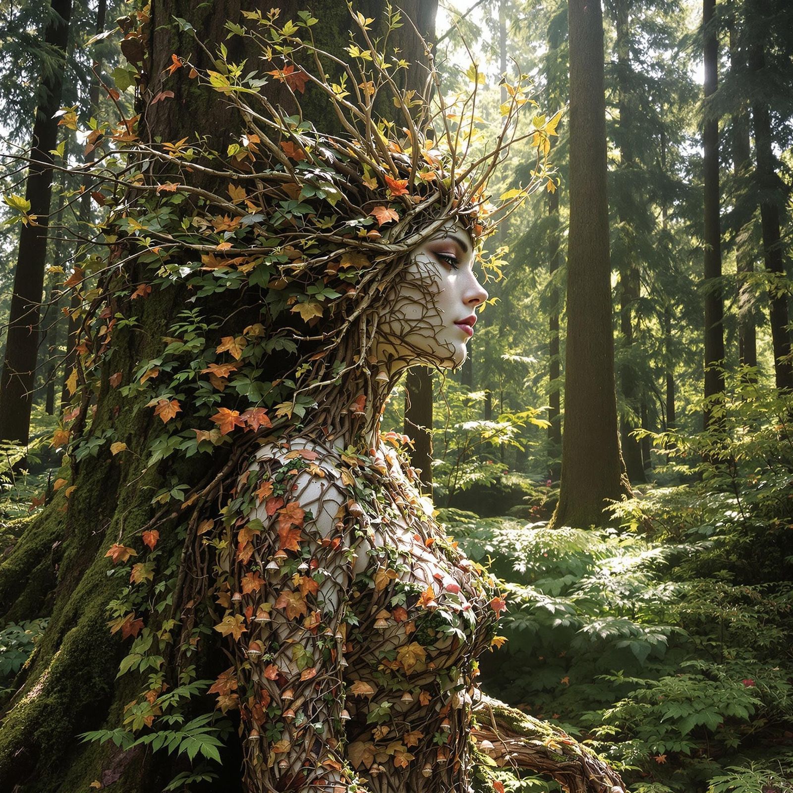 Mystical Pacific Northwest Dryad Unfurls from Tree