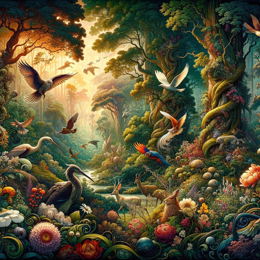 Art Nouveau Forest Scene with Birds and Animals