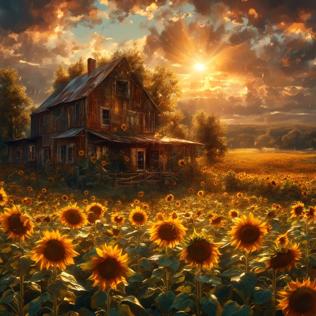 Golden Sunflowers in Meadow: Cinematic Digital Painting