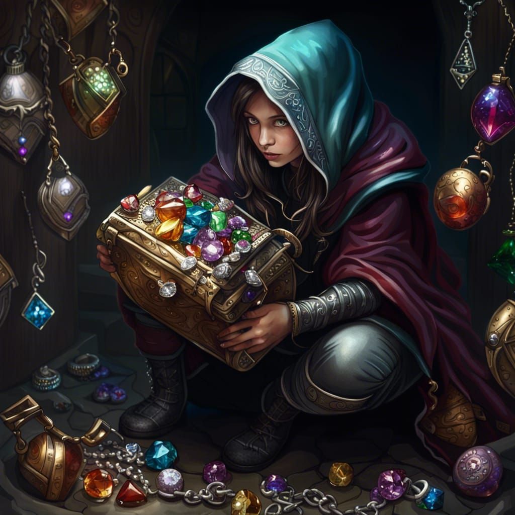 Adorable Thief with Overflowing Bag of Jewels