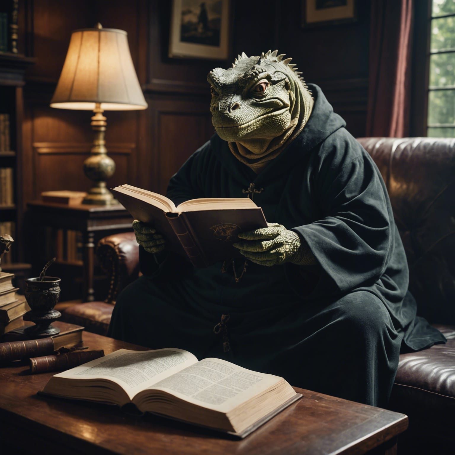 Cinematic Lizard Scholar in Dark Robe