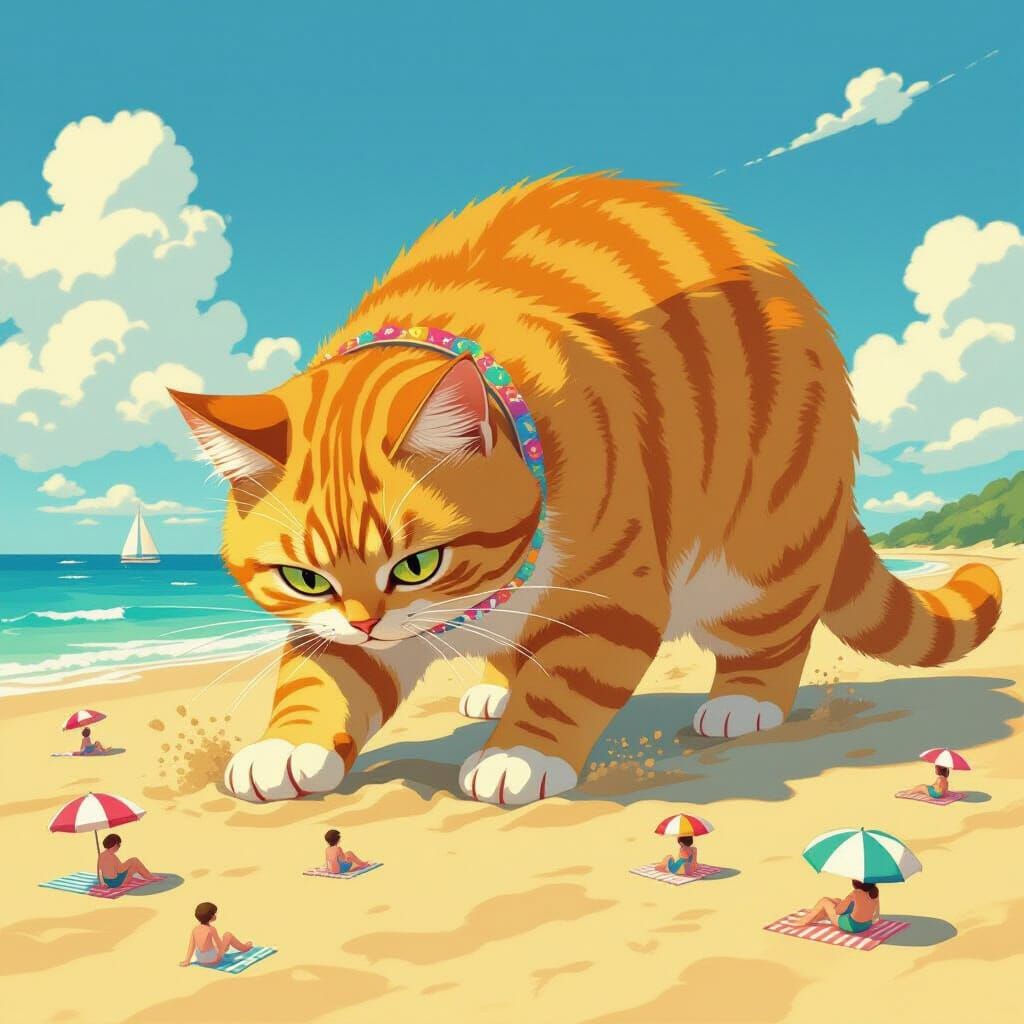 Giant Cat Digs on Beach in Anime Style