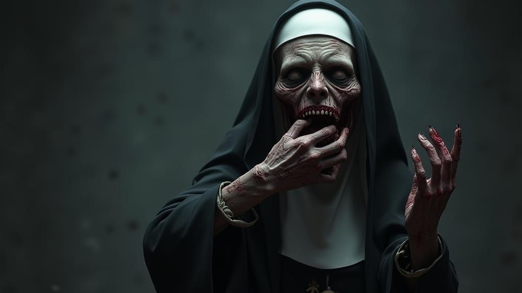 Zombie Nun Devouring Arm in Ominous Landscape