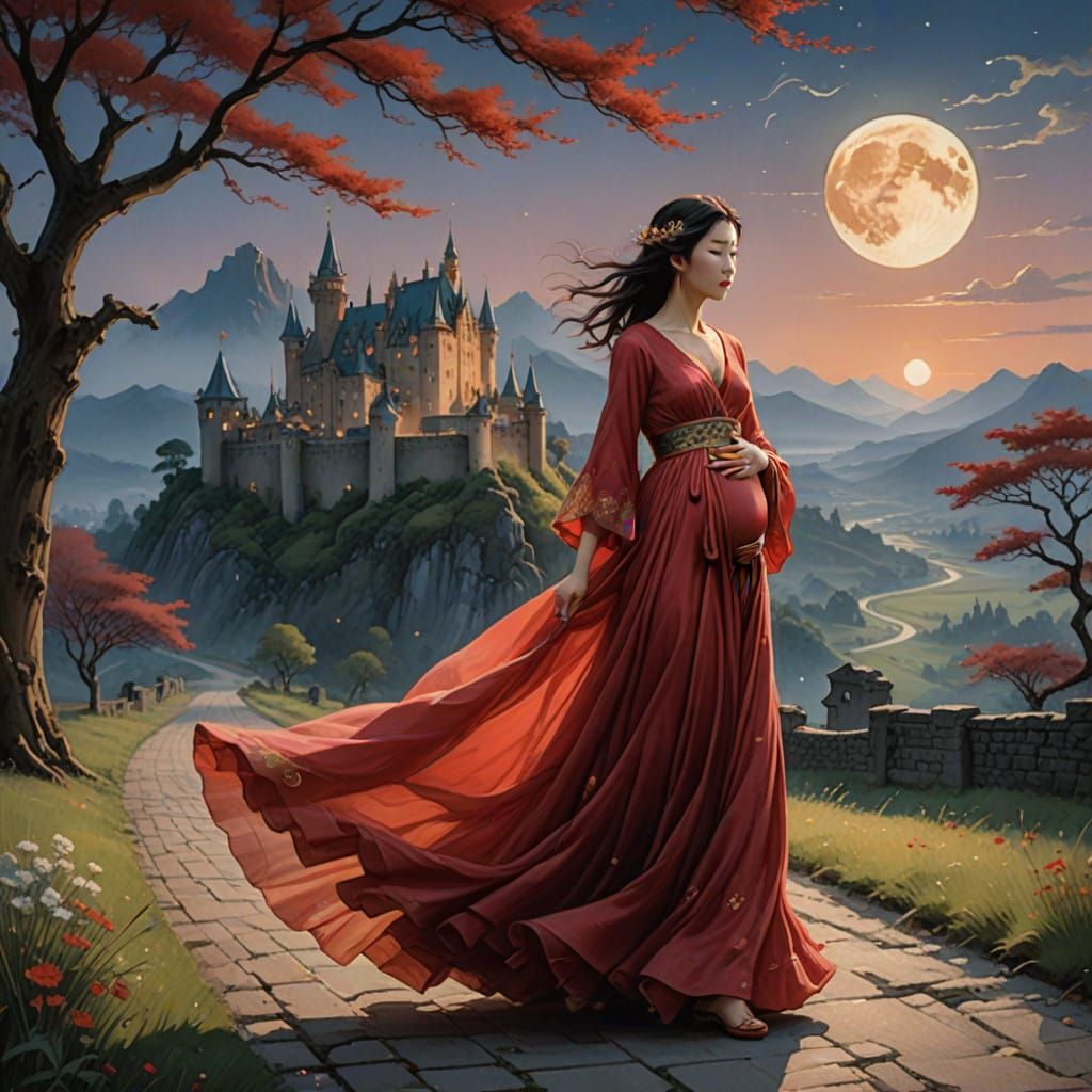 Serene Pregnant Woman in Crimson Gown Under Full Moonlight