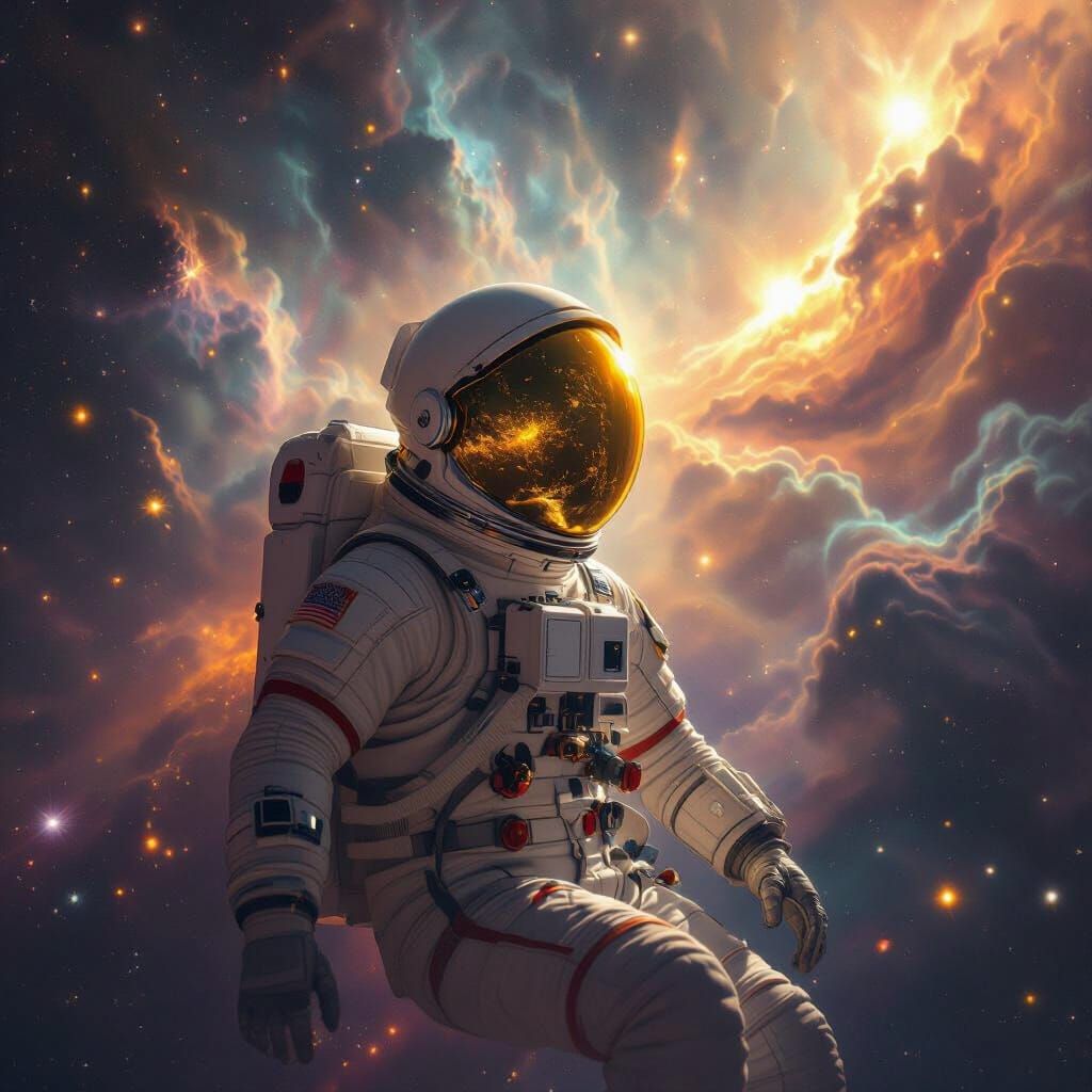 Astronaut Drifting in Iridescent Cosmic Nebula