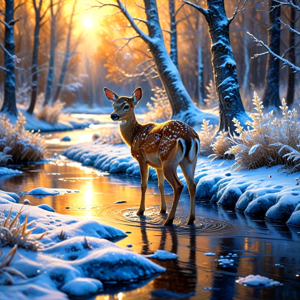 Magical Winter Fawn in Impasto Oil Painting