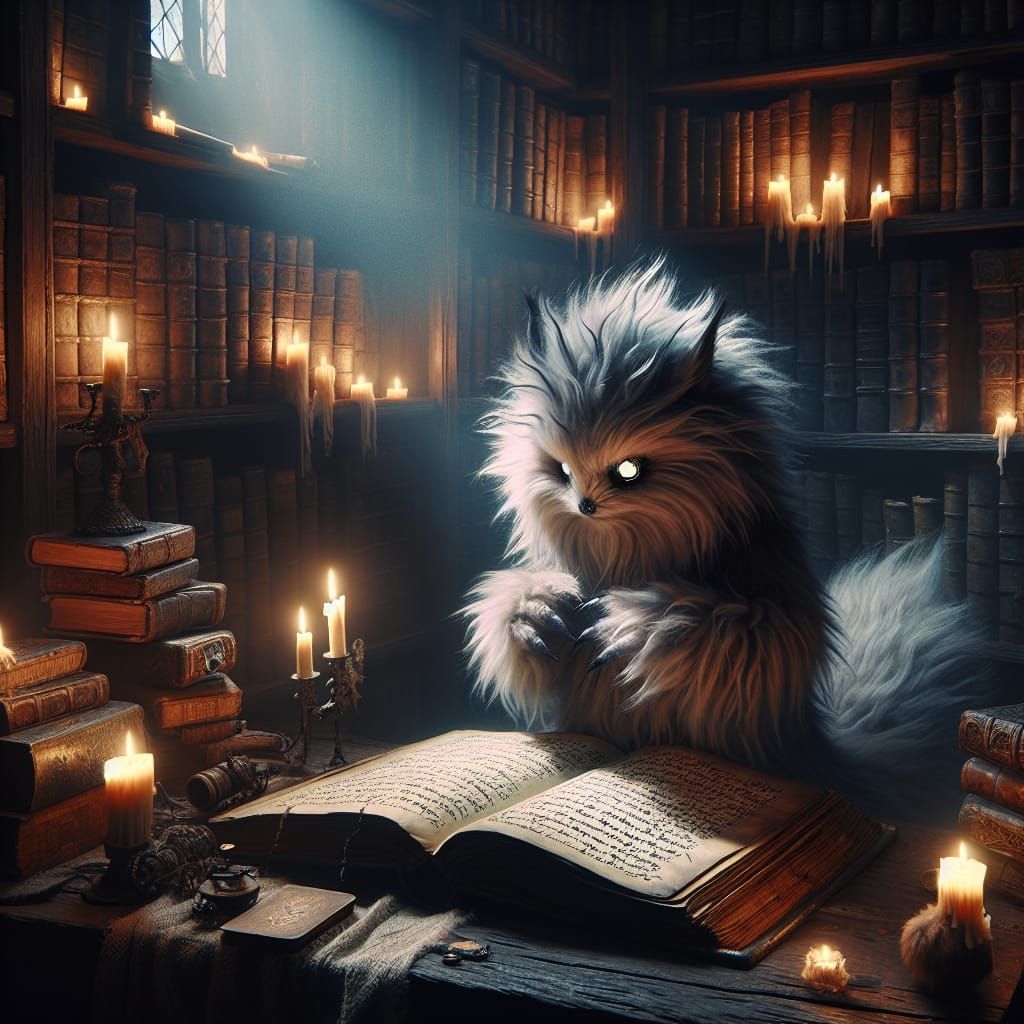 Mystical Fluffy Beast Studies Ancient Tomes in Cozy Library