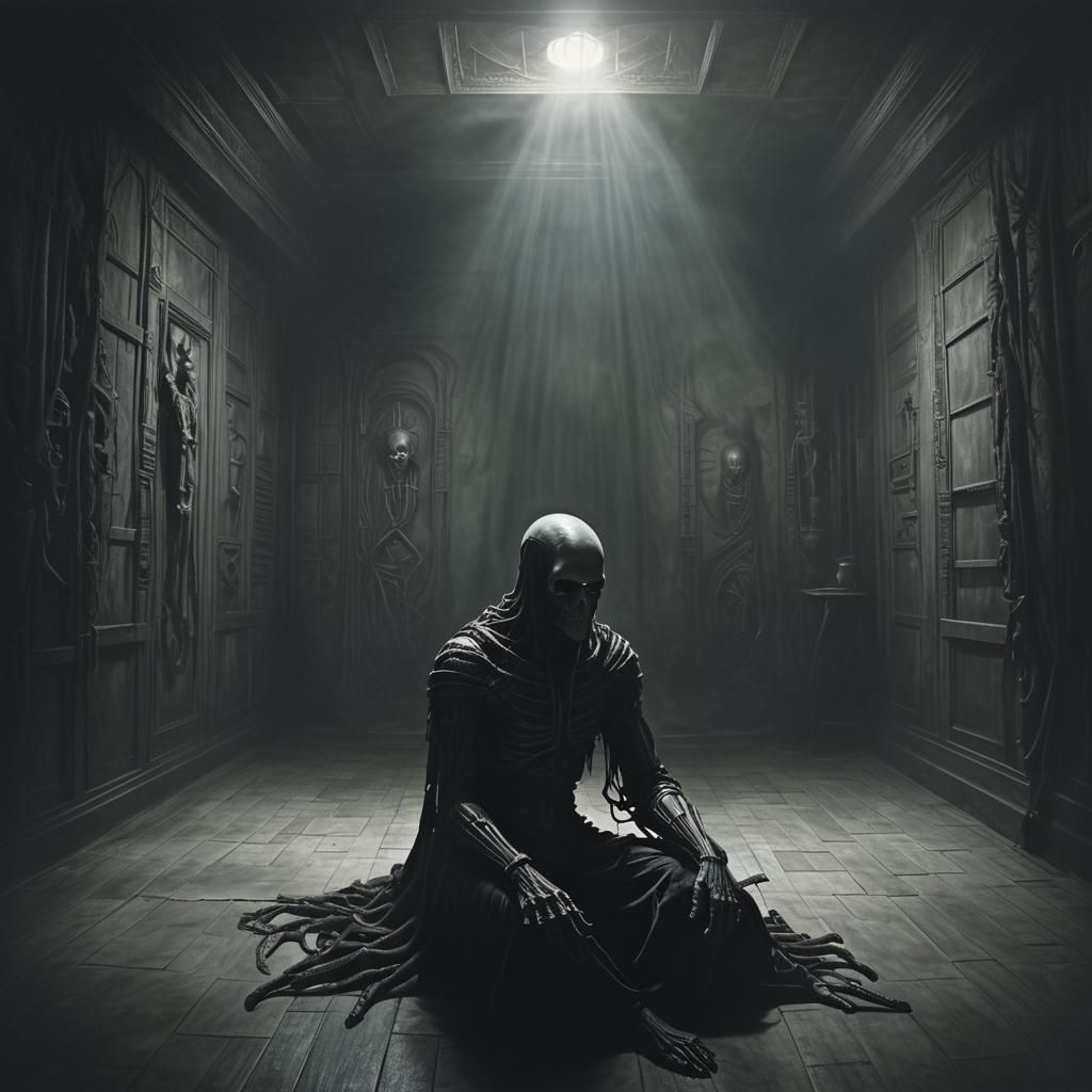 Dark Surrealism: Lone Figure in Shadowy Room