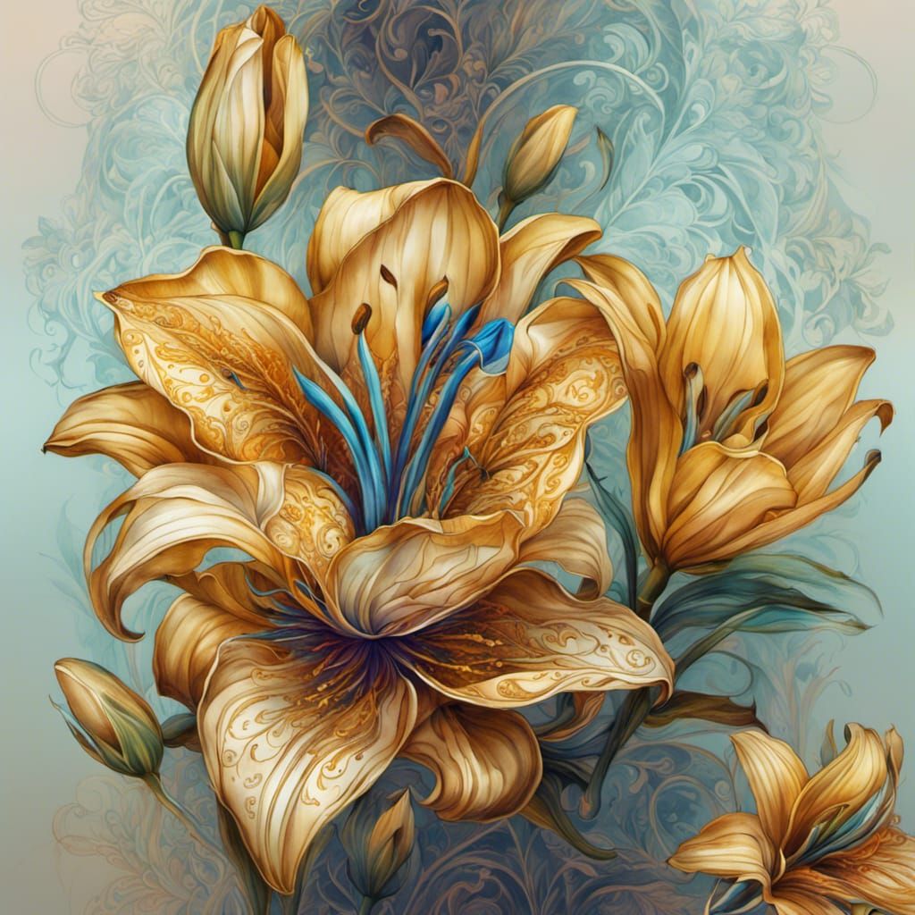 Intricate Golden Lily Mehndi Design Illustration