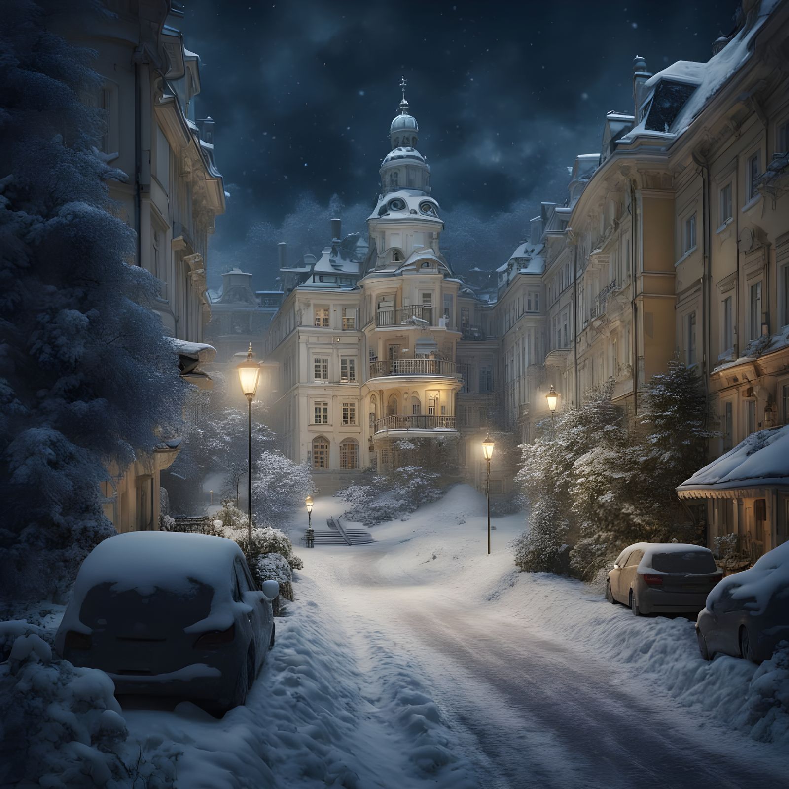 Epic Snowy Night Cityscape with Intricate Details