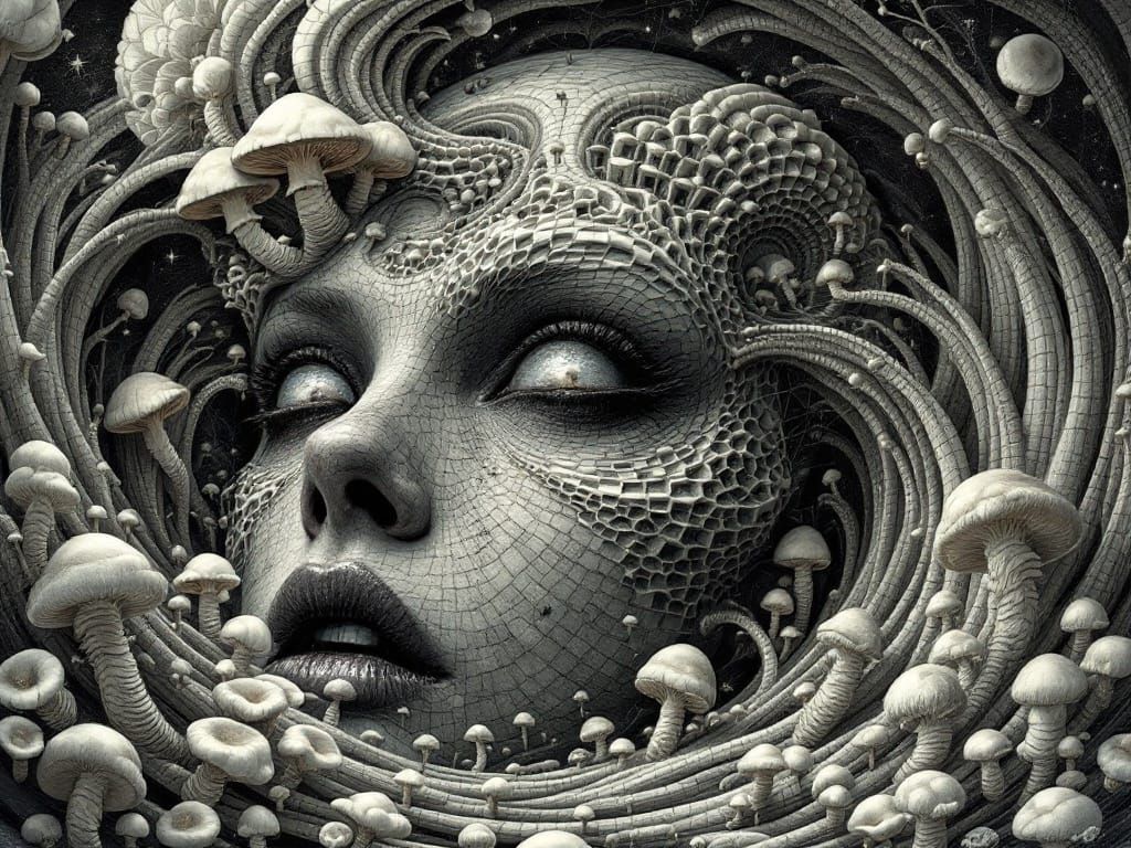 Surreal Mushroom Landscape in Escher-Inspired Style