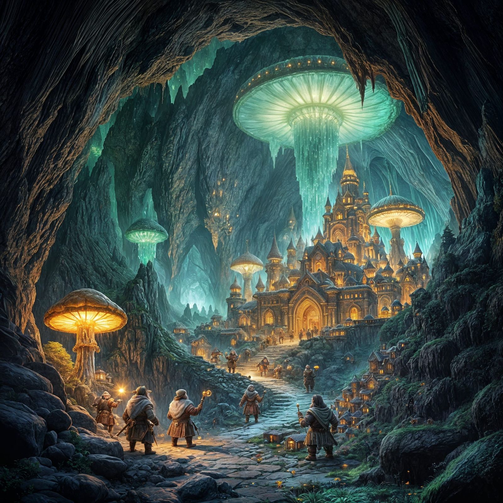 Dwarven City Illuminates Giant Mountain Cave with Emeralds