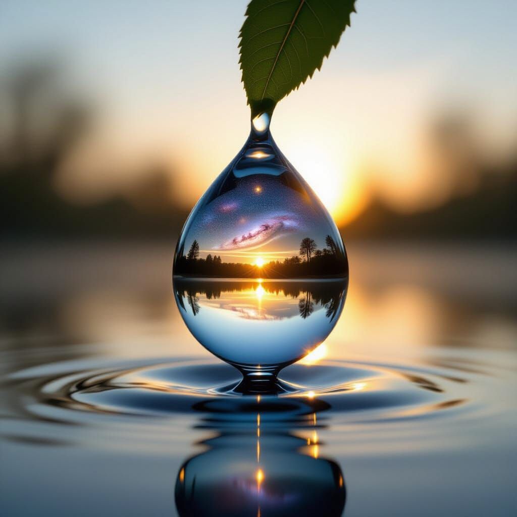 Galaxy Reflected in Water Droplet on Leaf at Dawn