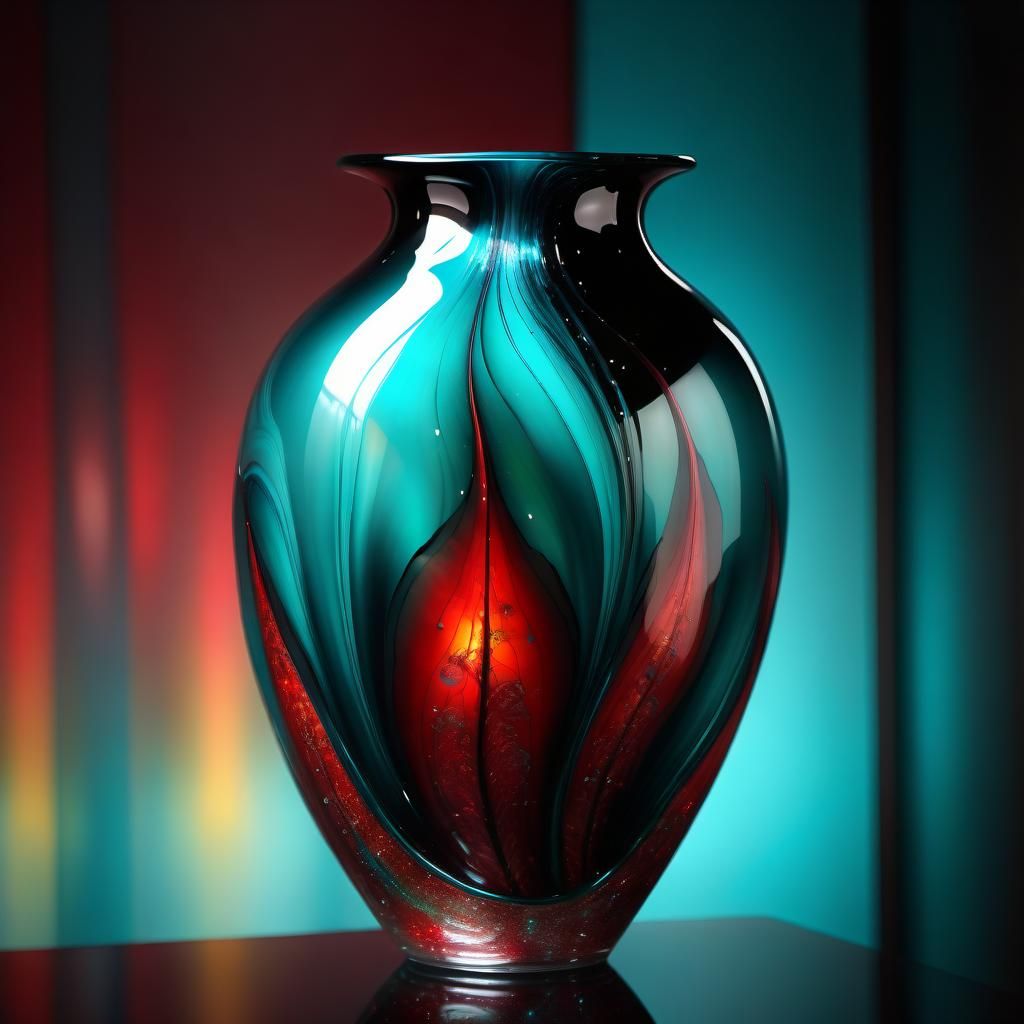 Chihuly-esque Glass Art Vase in Teal, Black, and Red