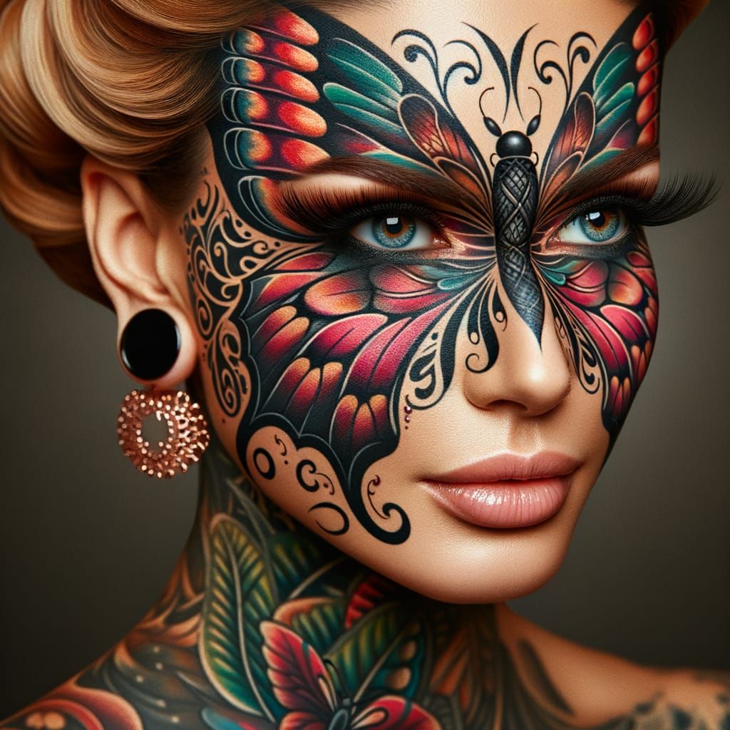 Woman's Face Tattooed with a Vibrant Butterfly