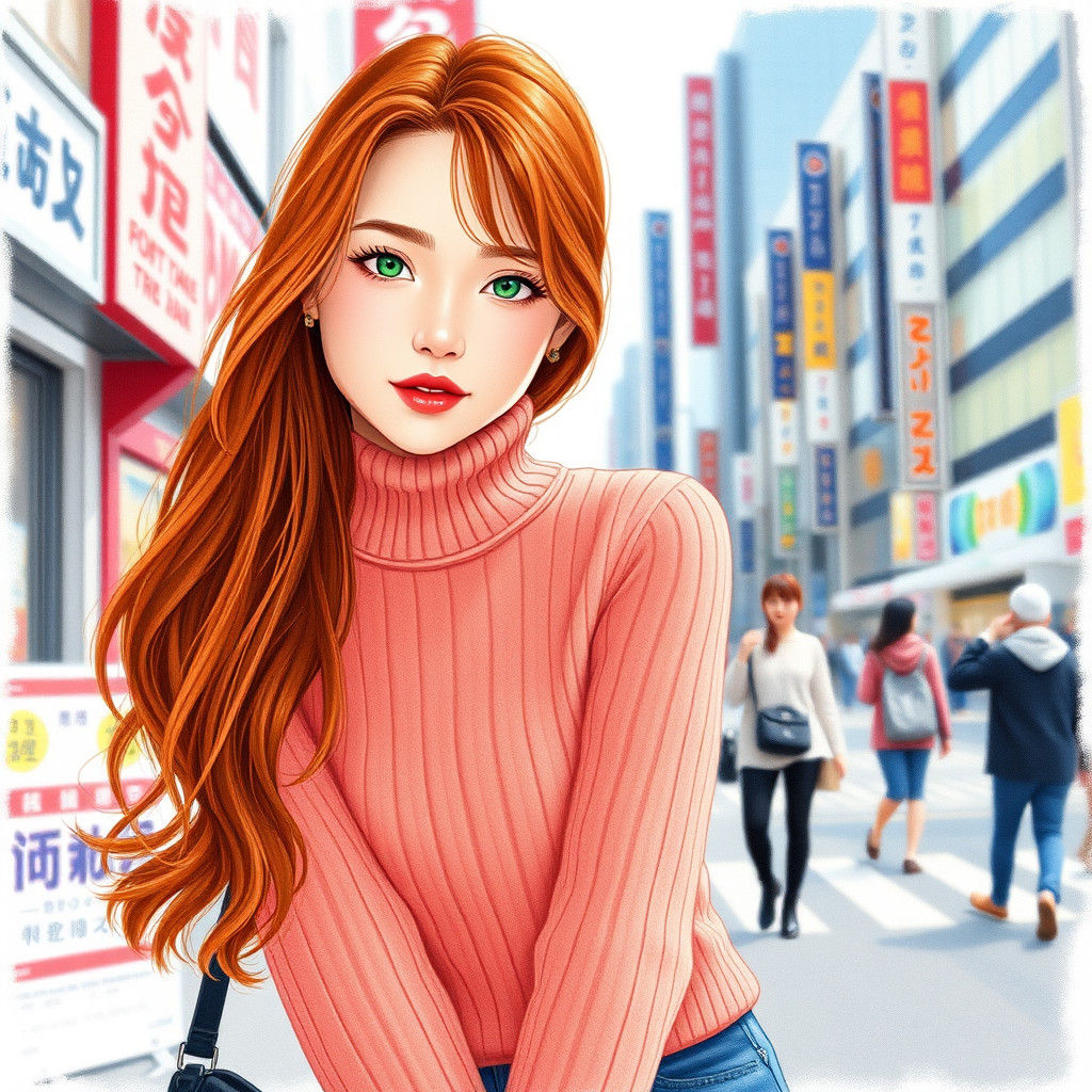 Japanese Woman Model in Shibuya as Color Pencil Sketch