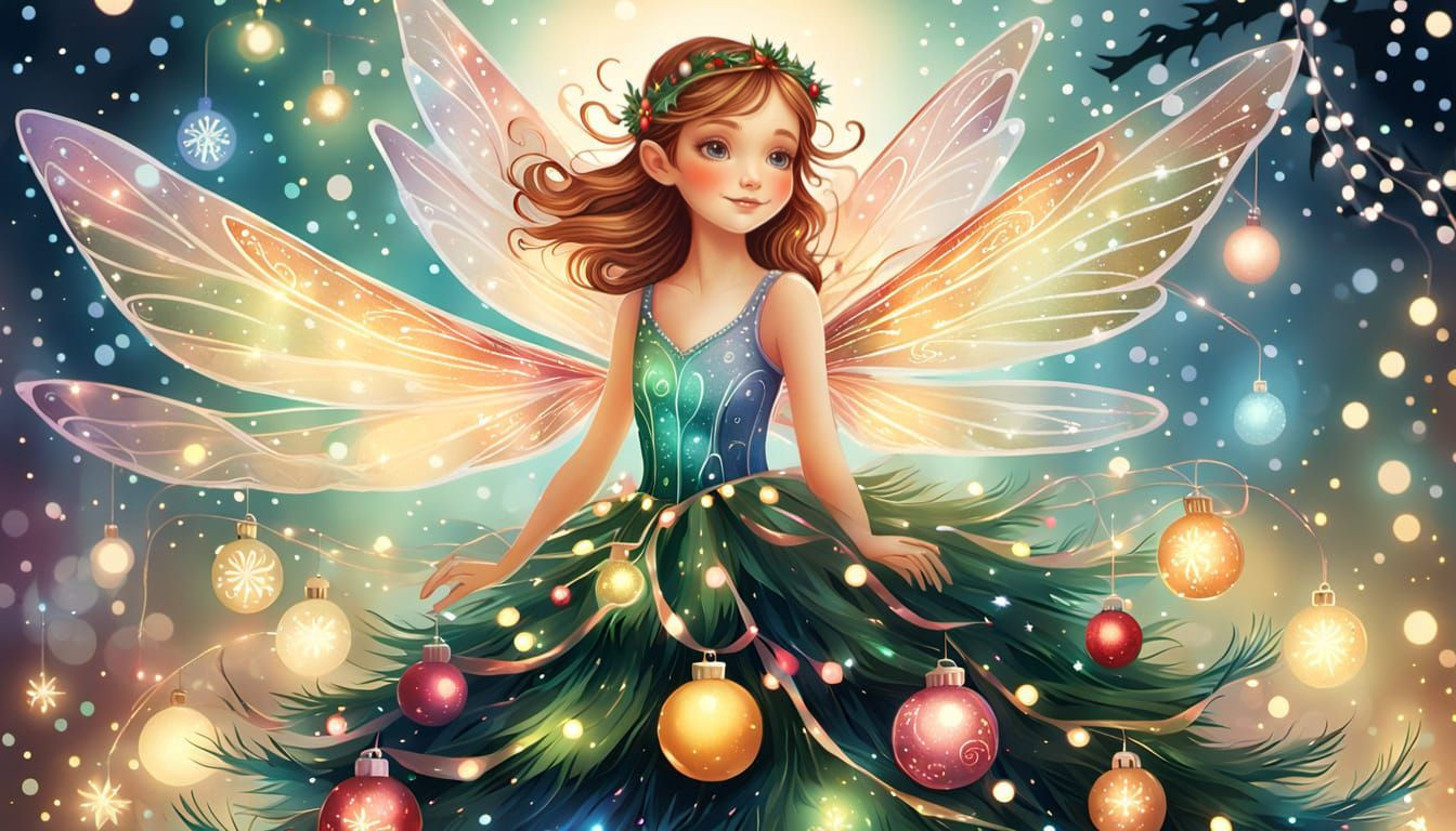 Whimsical Christmas Fairy Near Decorated Tree